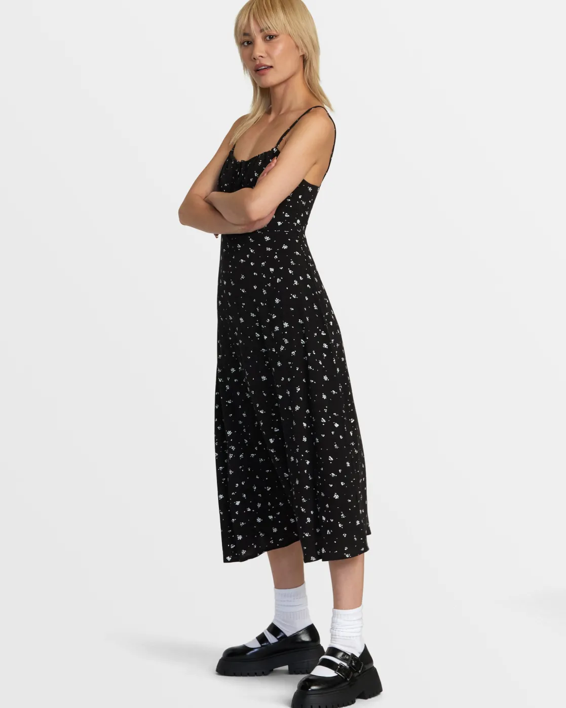 RVCA CAFE MIDI DRESS Black Multi Clearance