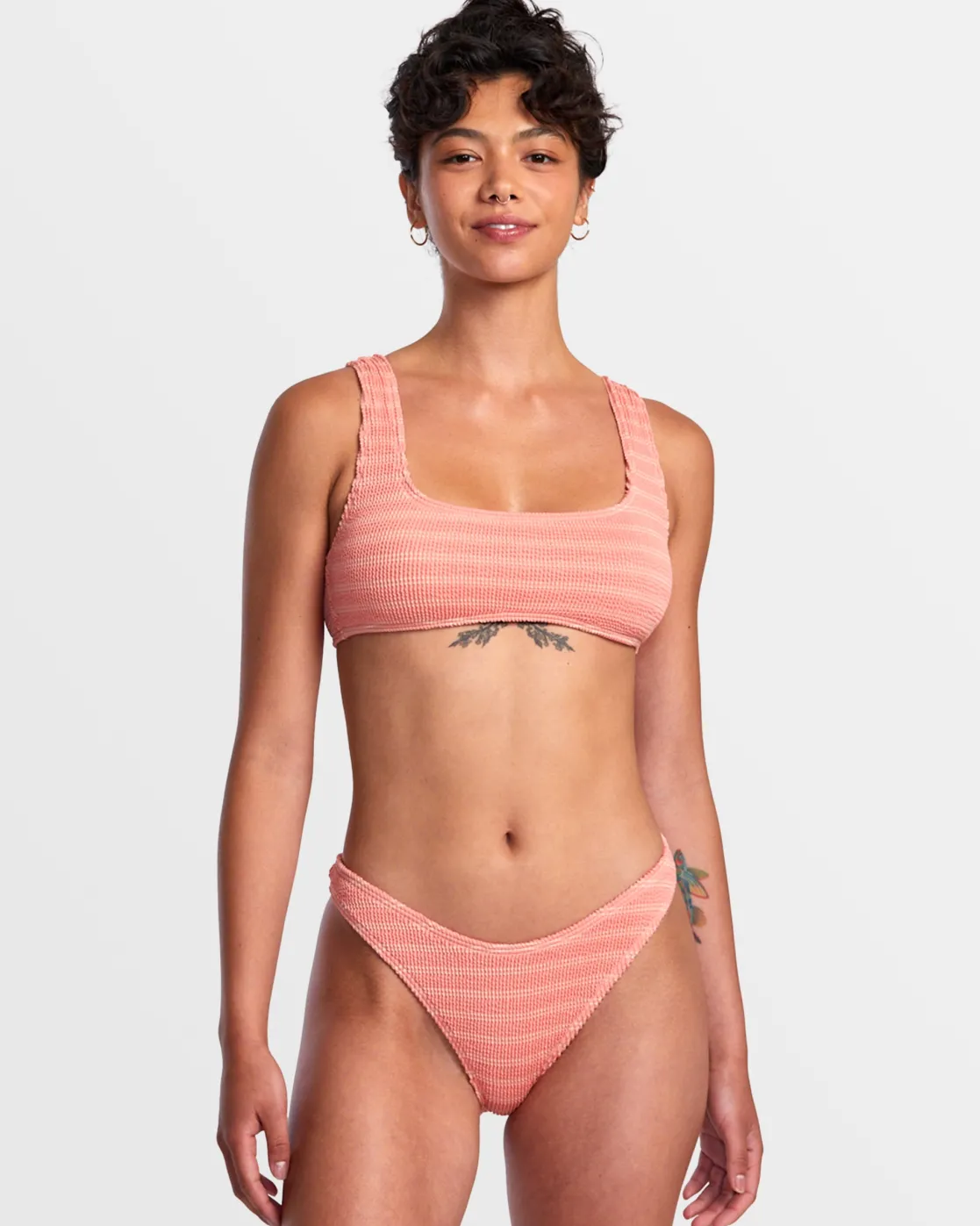 RVCA GROOVES STRIPE HIGH LEG FRENCH BIKINI BOTTOMS Fusion Coral New