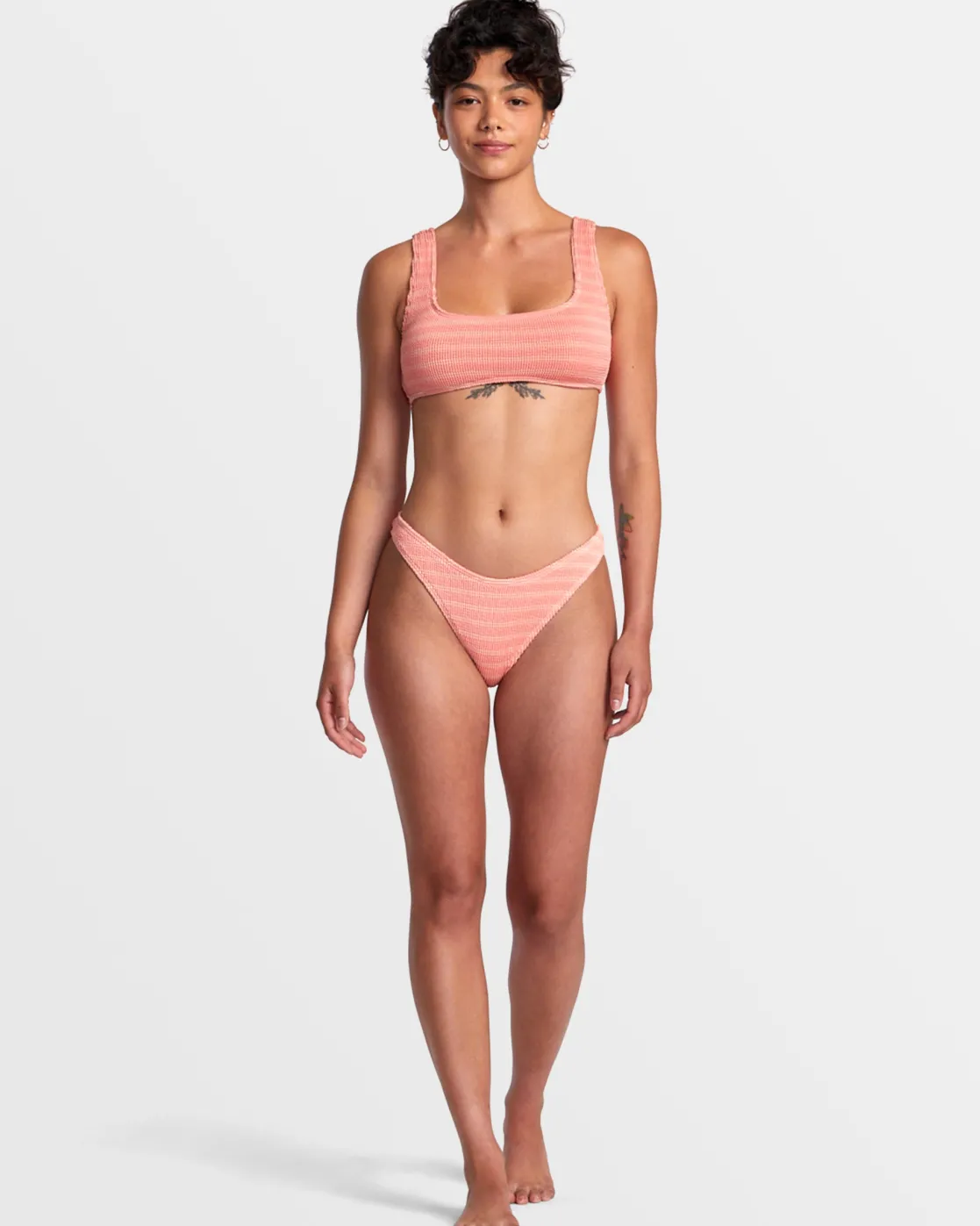 RVCA GROOVES STRIPE HIGH LEG FRENCH BIKINI BOTTOMS Fusion Coral New