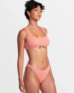 RVCA GROOVES STRIPE HIGH LEG FRENCH BIKINI BOTTOMS Fusion Coral New