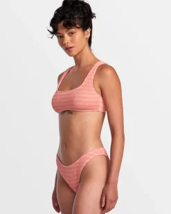 RVCA GROOVES STRIPE HIGH LEG FRENCH BIKINI BOTTOMS Fusion Coral New