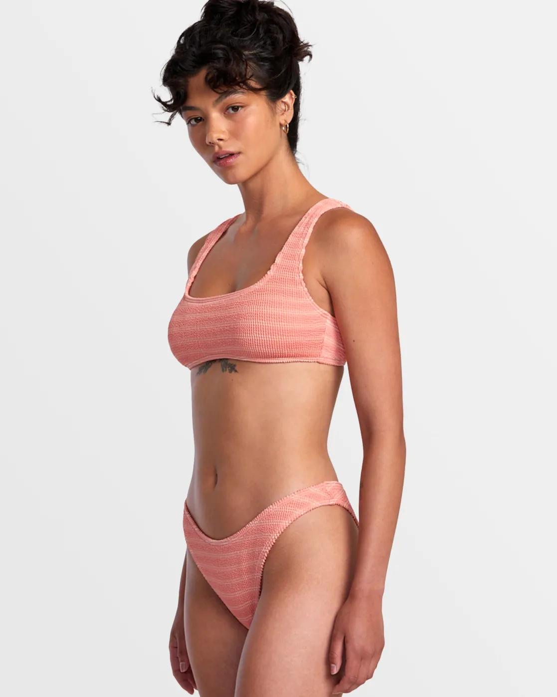 RVCA GROOVES STRIPE HIGH LEG FRENCH BIKINI BOTTOMS Fusion Coral New