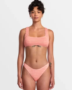RVCA GROOVES STRIPE HIGH LEG FRENCH BIKINI BOTTOMS Fusion Coral New
