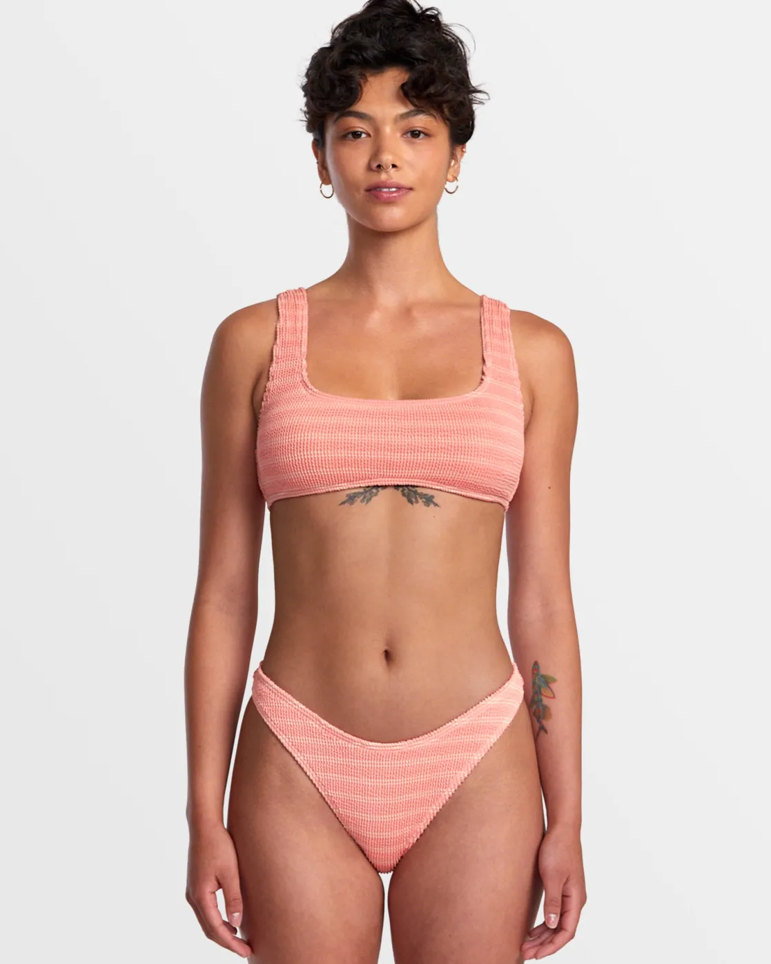 RVCA GROOVES STRIPE HIGH LEG FRENCH BIKINI BOTTOMS Fusion Coral New