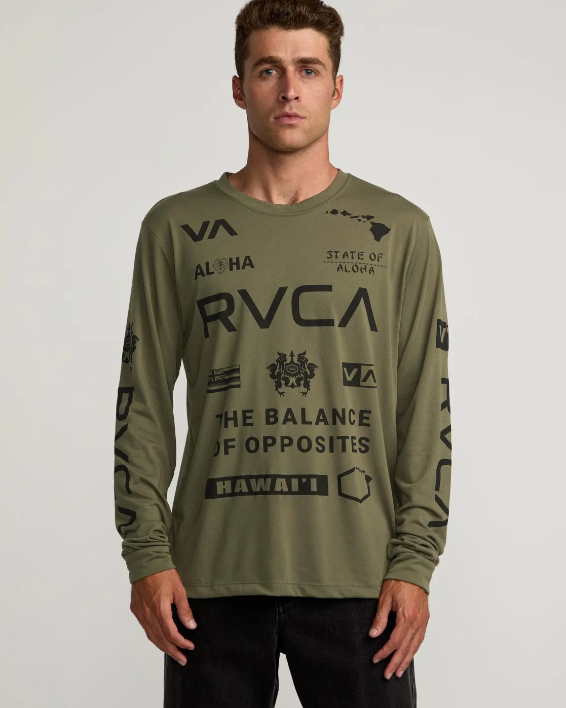 RVCA HAWAII ALL BRAND SPORT TECH LONG SLEEVE TEE Olive New
