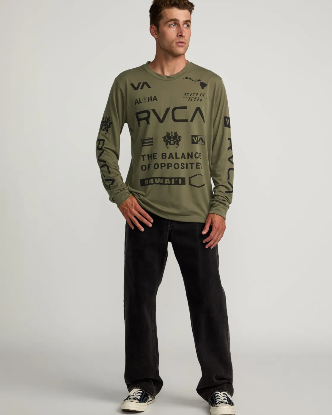 RVCA HAWAII ALL BRAND SPORT TECH LONG SLEEVE TEE Olive New