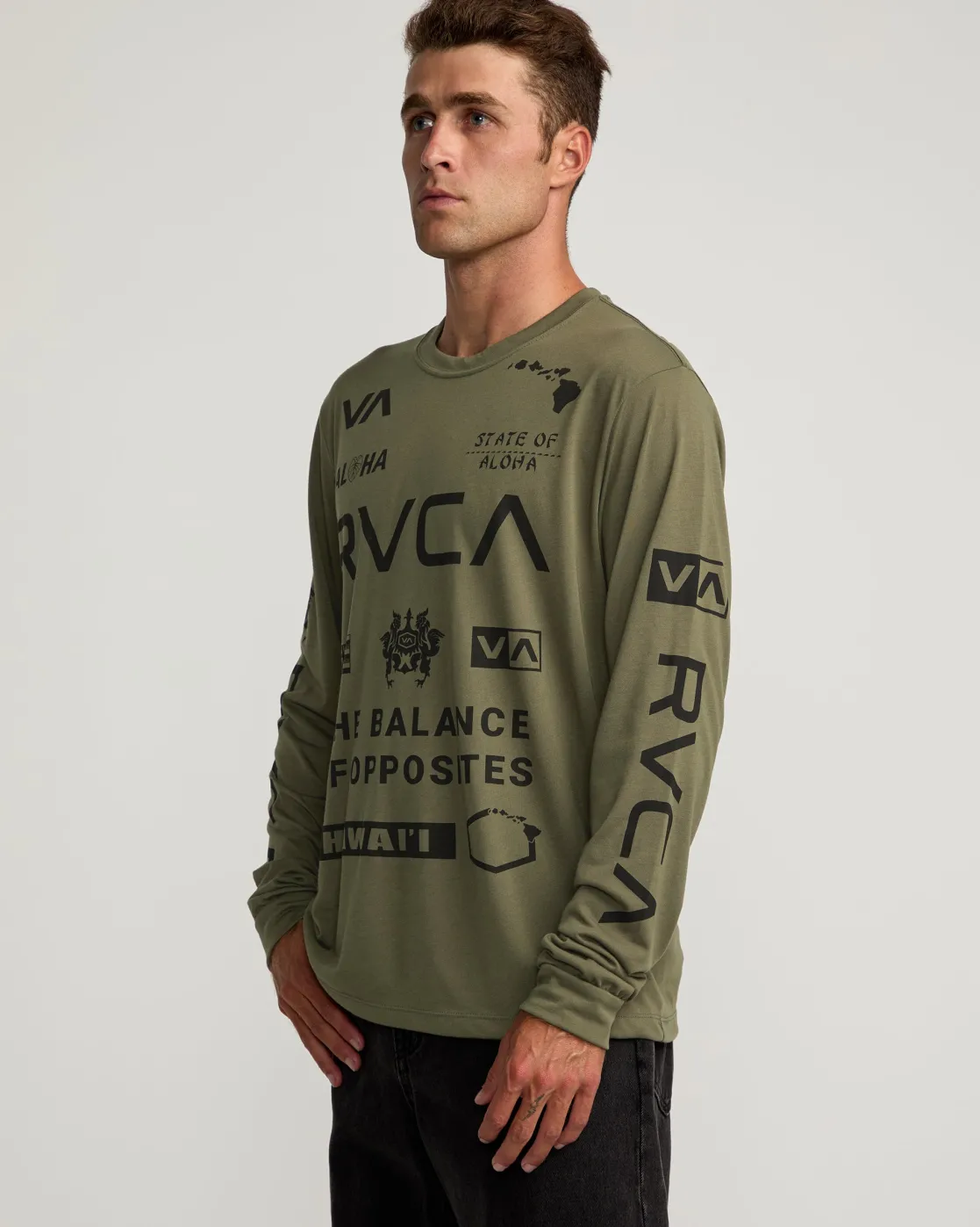 RVCA HAWAII ALL BRAND SPORT TECH LONG SLEEVE TEE Olive New