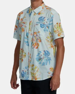RVCA OBLOW HAWAII SHORT SLEEVE SHIRT Light Blue New