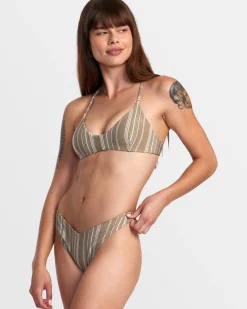 RVCA PINS LUREX V-FRONT FRENCH BIKINI BOTTOMS Dark Khaki New