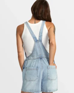 RVCA SUCCESSION SHORT DENIM OVERALLS Bleached Indigo New